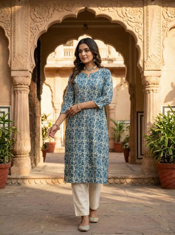 Teal Blue Cotton Digital Print Kurta