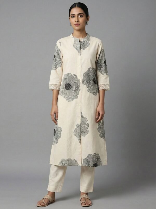 Grey Cotton Floral Digital Print Kurta