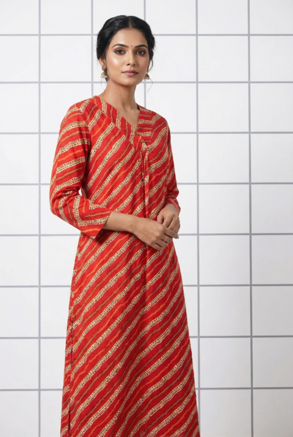 Red Rayon Striped Ethnic Long Kurta