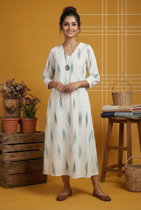 Off-White Cotton Ikat Print A-Line Kurta