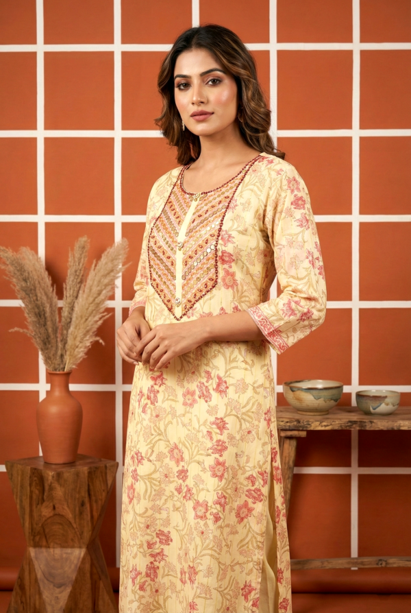 Cream Muslin Zari Embroidery Kurta