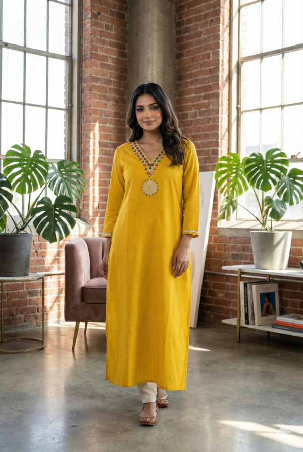 Mustard Rayon Hand Embroidery Kurta