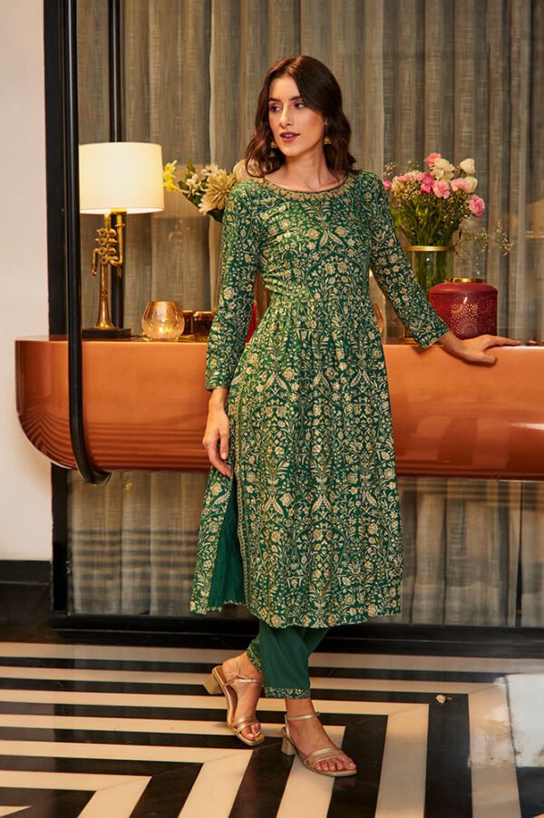 Dark Green Floral Printed Kurta, Pants & Dupatta Set