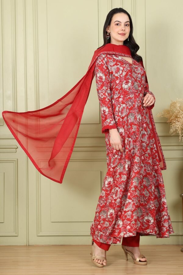 Red Floral Printed Flared Anarkali Kurta, Straight Pants And Dupatta Set