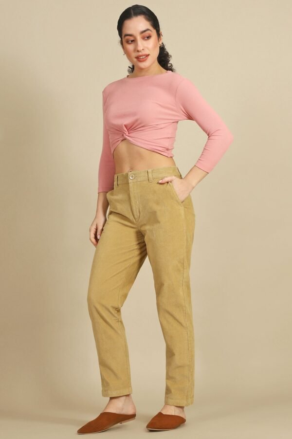 Beige Solid Straight Fit Cotton Pants with YKK Zipper