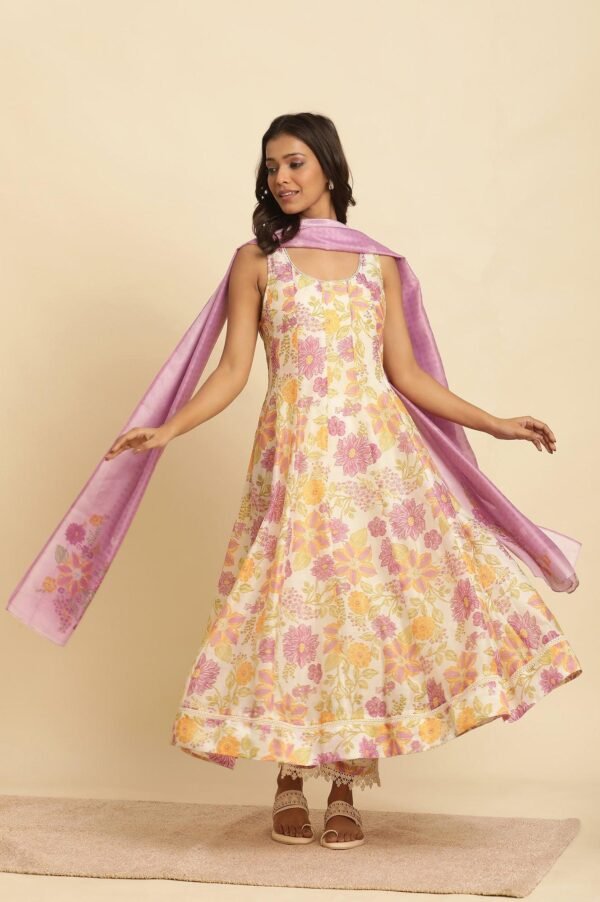 White Sleeveless Printed Flared Kurta, Pants And Dupatta Set