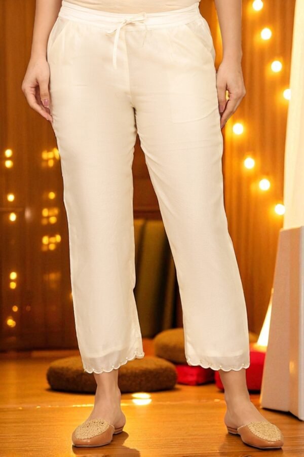 Ecru Straight Pants in Cotton Silk