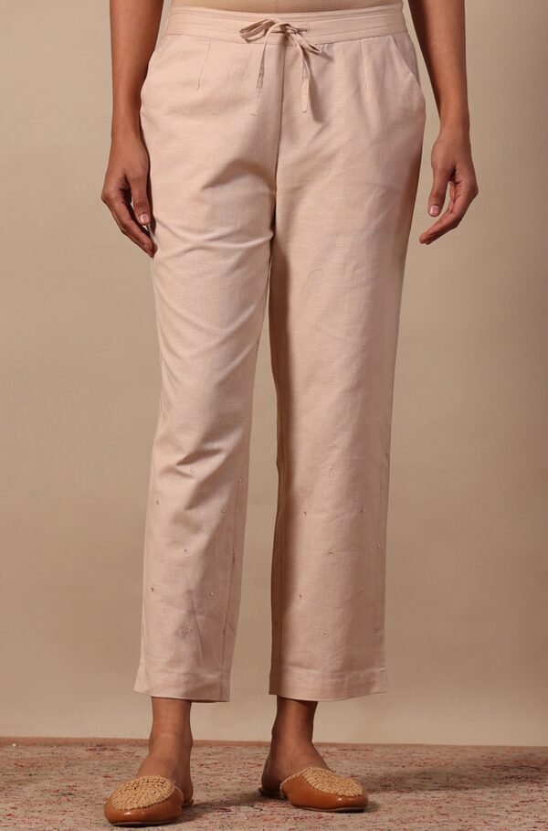 Beige Mirrorwork Straight Pants in Cotton Flax