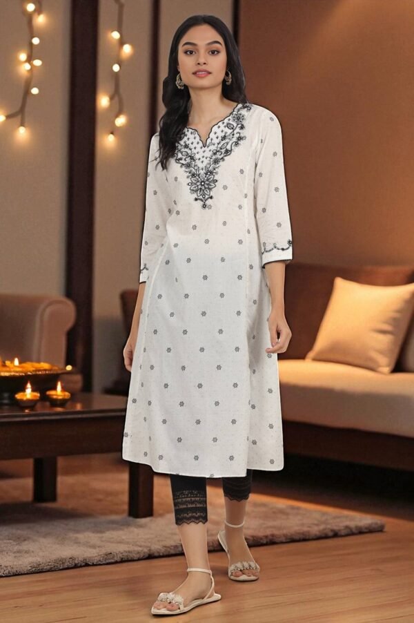 White Printed Cotton Lurex Dobby Flared Kurta with Embroidered Yoke
