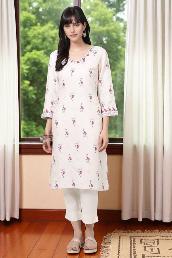 Off-White Floral Printed Rayon Straight Kurta
