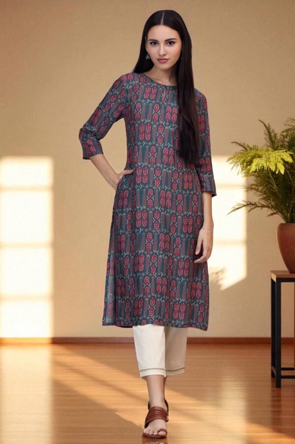 Forest Green Paisley Printed Rayon Straight Kurta