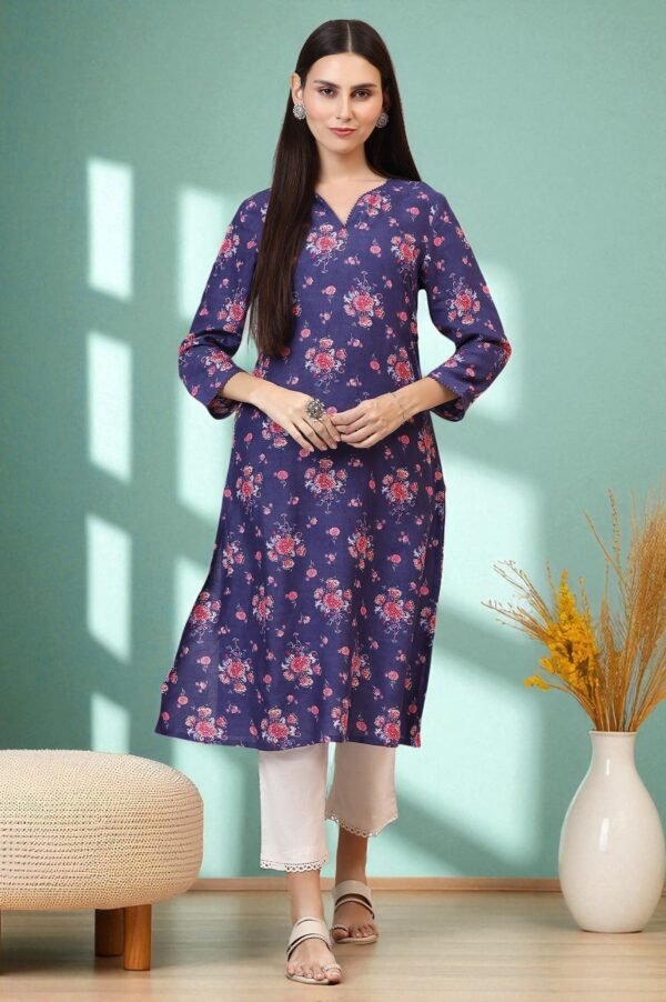 Purple Floral Printed Straight Kurta with Lace