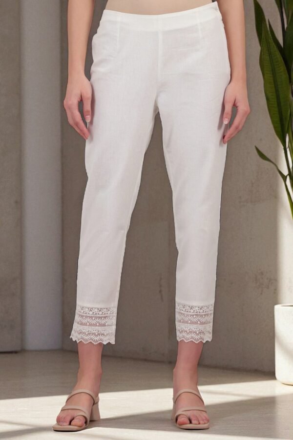 White Solid Cotton Flax Slim Pants with Lace