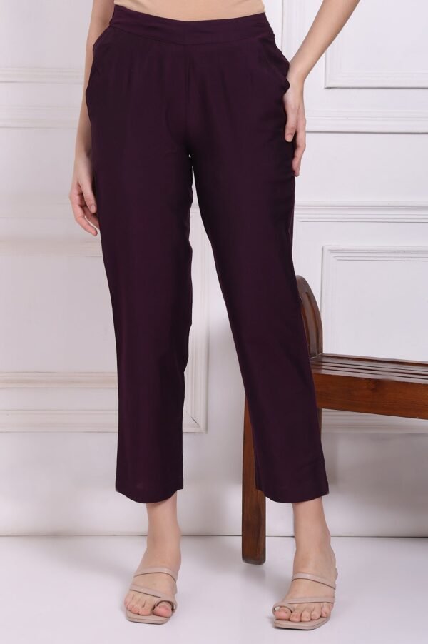 Purple Solid Ankle Length Rayon Straight Pants
