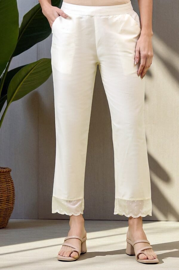 White Solid Mid-Rise Straight Pants with Embroidered Organza Scallop Hemline