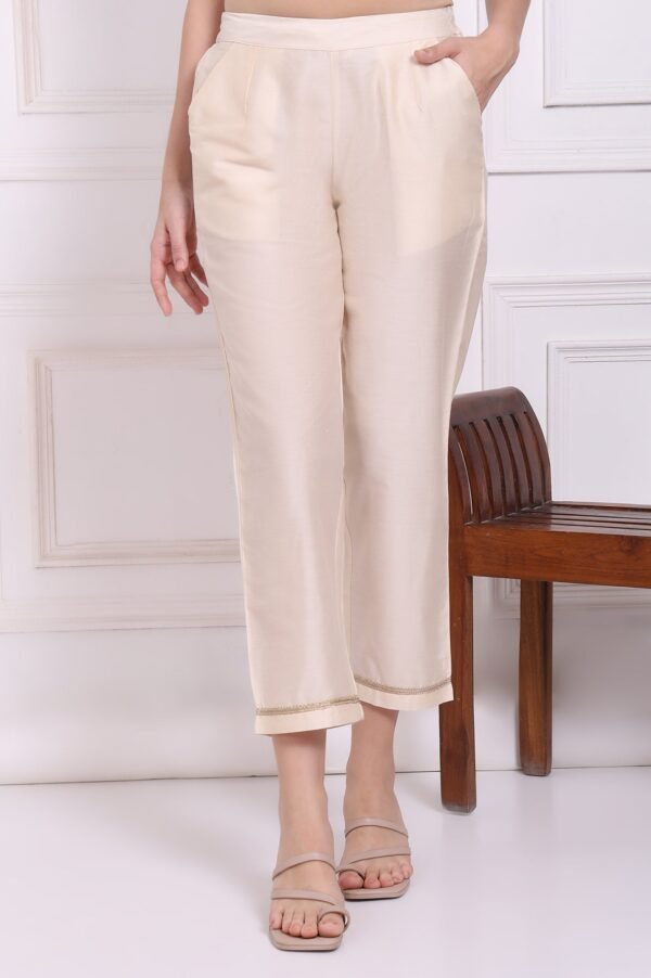 Ecru Solid Embroidered Hem Straight Pants