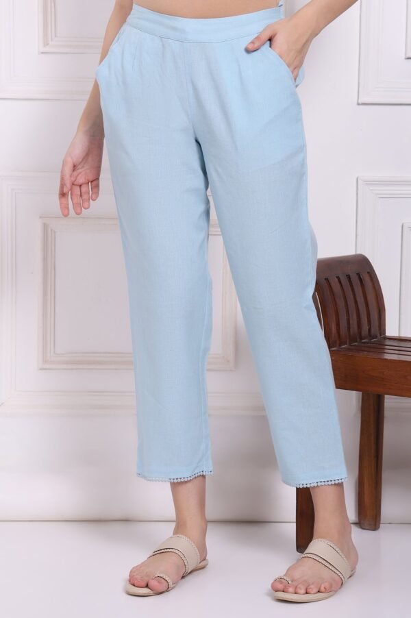 Blue Solid Cotton Flax Straight Pants with Lace