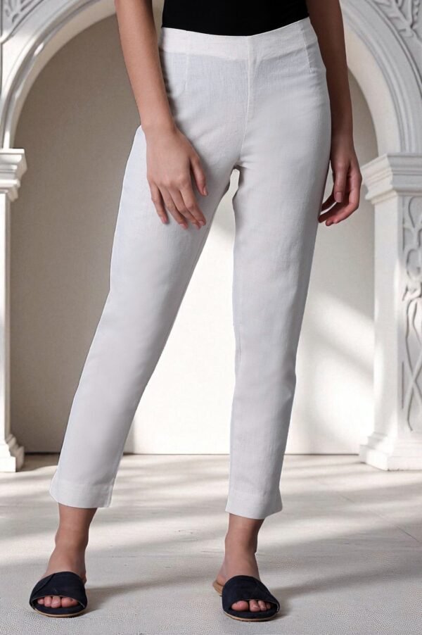 White Solid Mid-Rise Cotton Flax Slim Pants