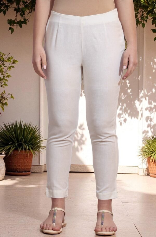 White Solid Mid-Rise Cotton Flax Slim Pants