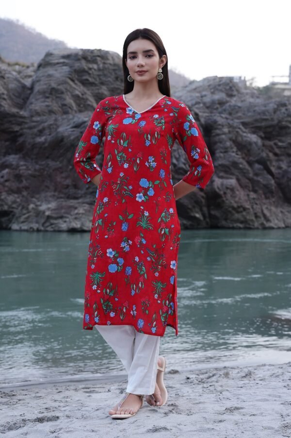 Red Bold Floral Printed Modal Straight Kurta
